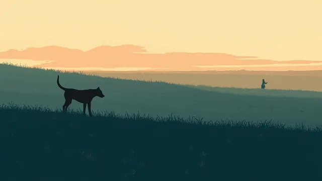 A big dog standing watchfully on a small hill in a dusk-lit field while a person calls from afar