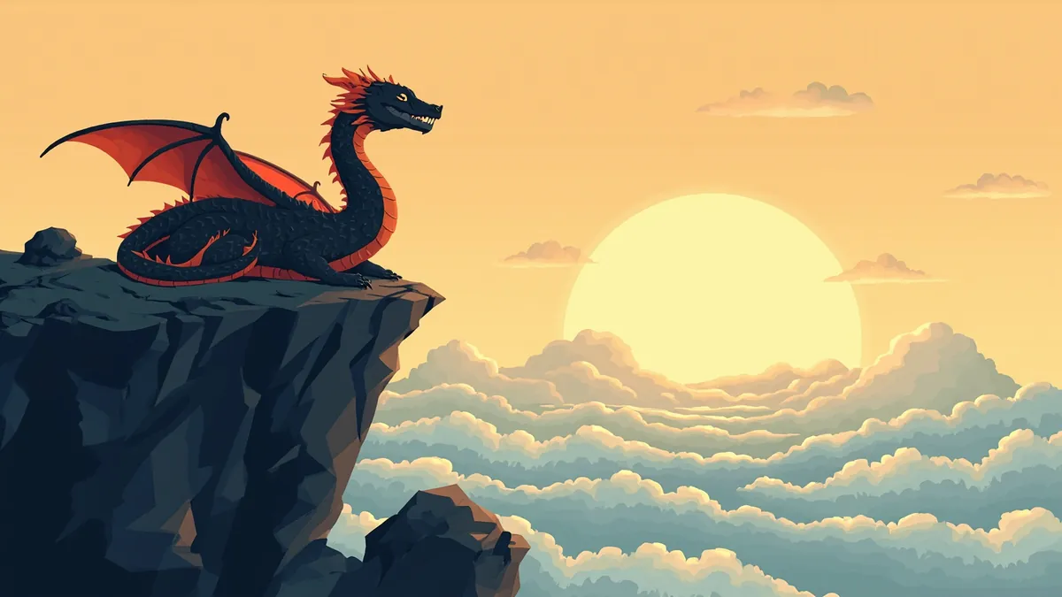 Illustration of a dragon coiled on a clifftop above clouds at sunrise