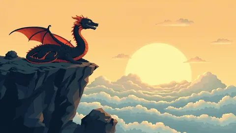 Illustration of a dragon coiled on a clifftop above clouds at sunrise