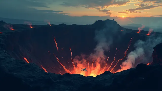 A slender dragon weaving through steaming volcanic vents on a dark crater rim, scattering glowing embers as it flies.