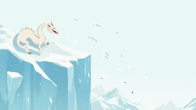 A pale dragon resting on a tall ice spire above a quiet glacier, surrounded by slow swirls of drifting snow.