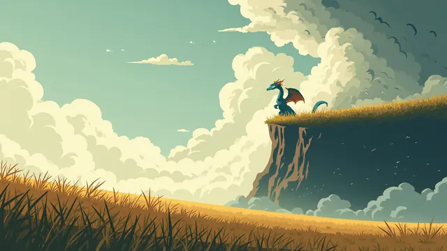 A wide-winged dragon lifting off from a windswept cliff meadow into dark gathering thunderclouds overhead.