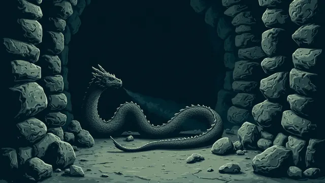 A stout dragon coiled inside a dim boulder cavern, lifting dust from a careful arrangement of stacked stones.