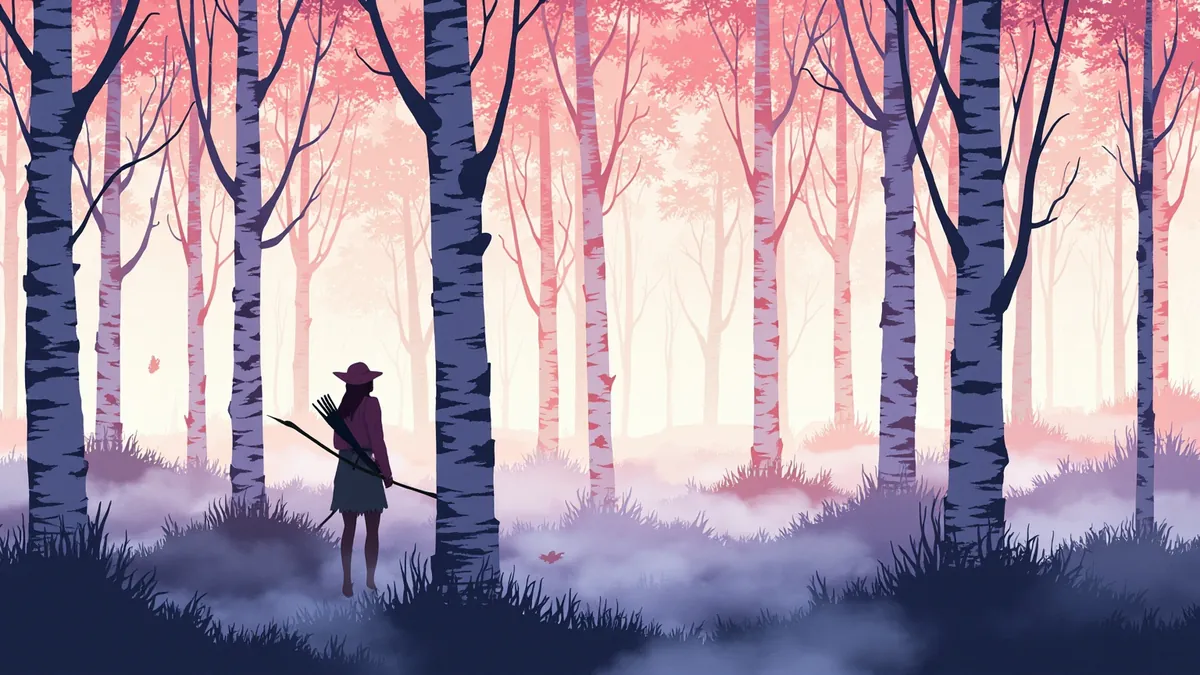Illustration of an elven archer among pale birch trees in violet light