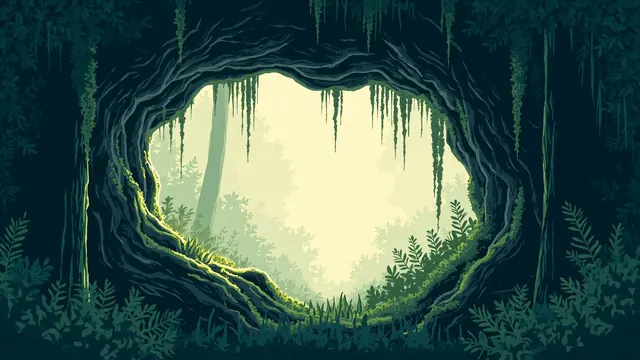 Sunlight falls into a hollow tree trunk draped with moss, framing a quiet woodland nook.