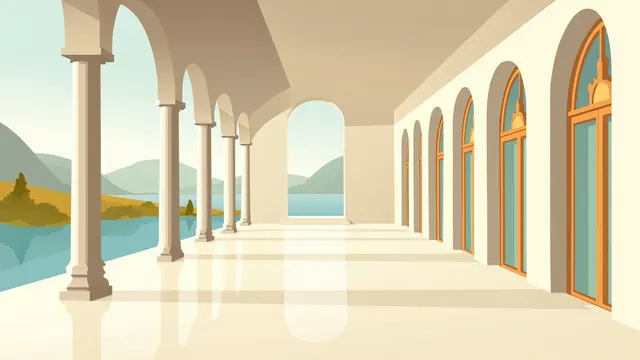 Tall arched windows line a pale stone hall, their light pooling on a polished floor beside a still lake view.