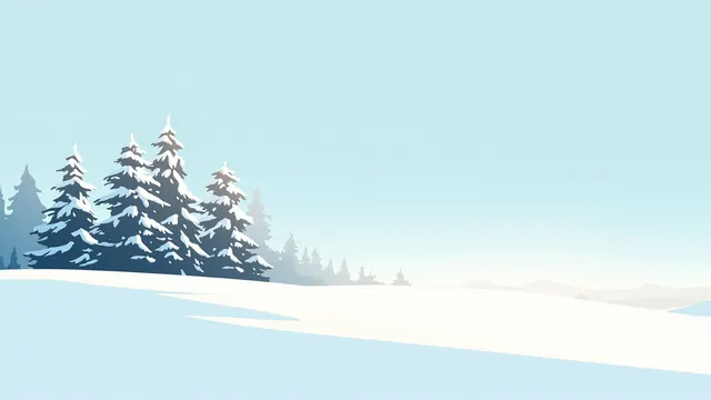 Frost-coated pines stand across a wide snowfield at dawn, the pale sky brightening along the distant horizon.