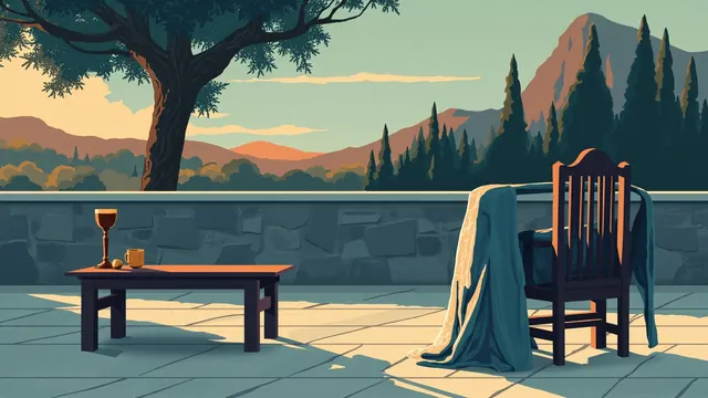 An empty stone terrace at dusk with a low table, an empty goblet, and a silver cloak draped on a carved chair