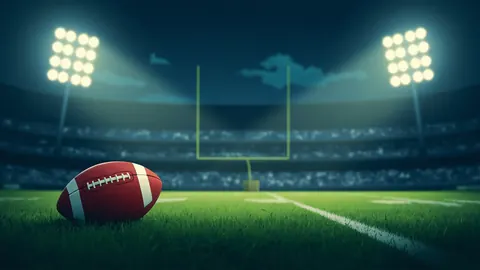 Illustration of an American football on floodlit grass in an empty stadium at night