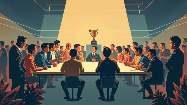 Football friends exchange playful jokes around a draft table beneath an empty trophy case