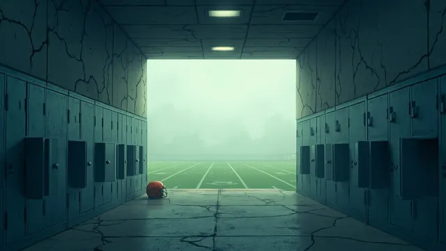 A dim, damp stadium tunnel opens toward the field with a lone helmet resting on the concrete.