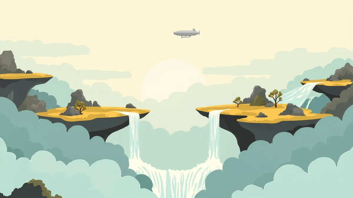 Illustration of floating islands with waterfalls and a distant airship