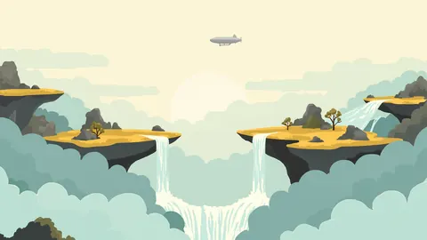 Illustration of floating islands with waterfalls and a distant airship