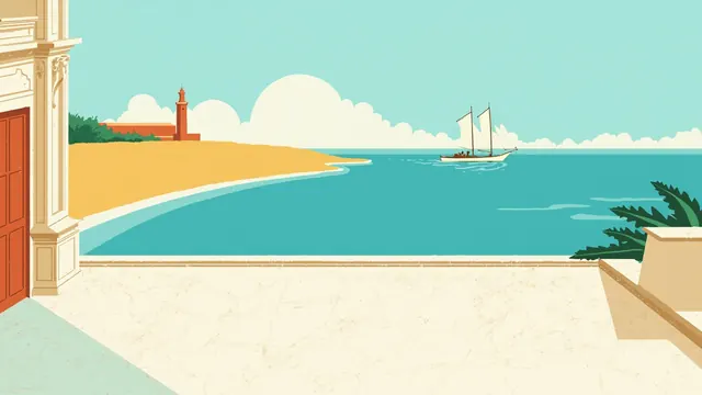 A marble terrace by a sunny bay with a white sailboat drifting past a lighthouse
