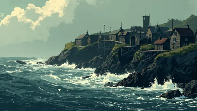 Black timber huts on a jagged cliff above stormy seas and splintered docks