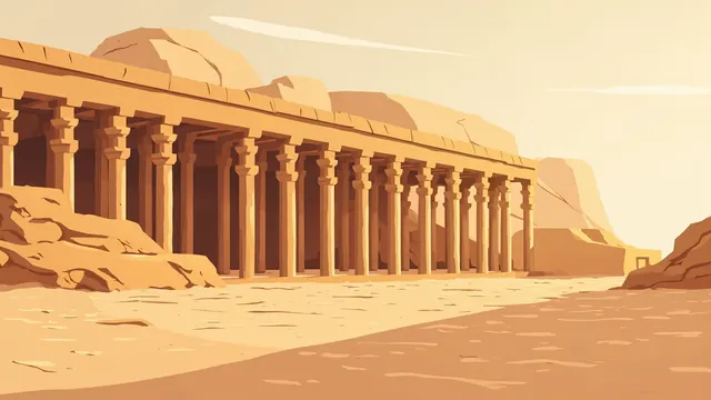 A sandstone temple half-buried in sand with tall carved columns at dusk