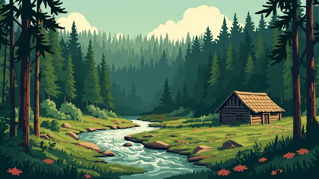 A wooden longhouse by a churning river in a mossy forest clearing