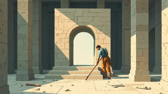 A mason carving the final stone block above a great archway in a dusty throne room