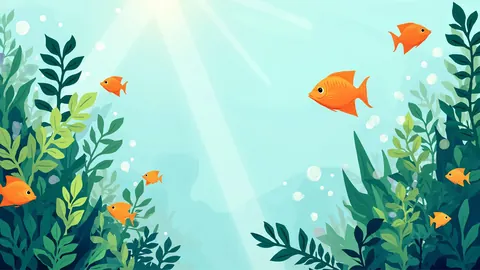Illustration of tropical fish among green plants in an aquarium