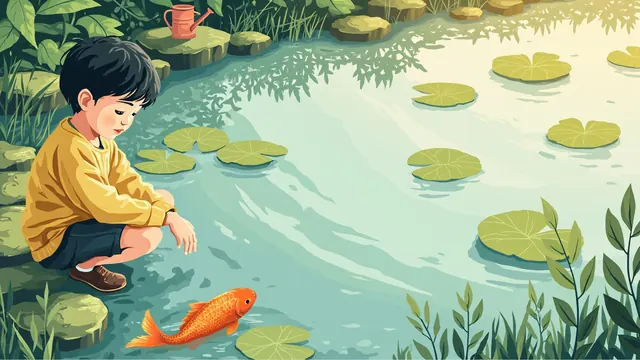Illustration of a child at a garden pond watching orange fish surface among lily pads
