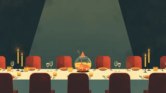 A candlelit dining room table set for dinner, a fishbowl centerpiece wearing a party hat, nearby chairs swivelled away