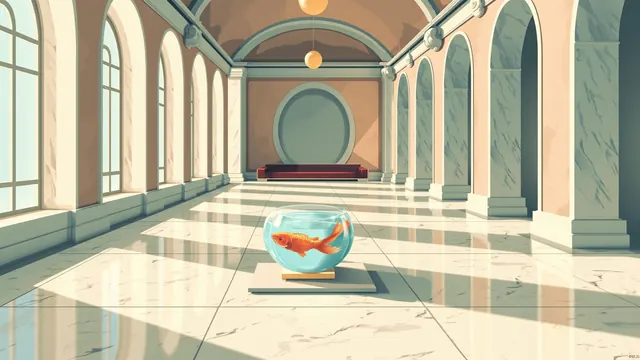 A grand marble hallway with arched ceilings, a velvet bench, and a crystal fishbowl on a pedestal