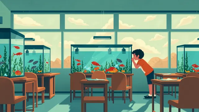 A classroom shelf lined with small aquariums, a child leaning in to whisper toward a tiny fish