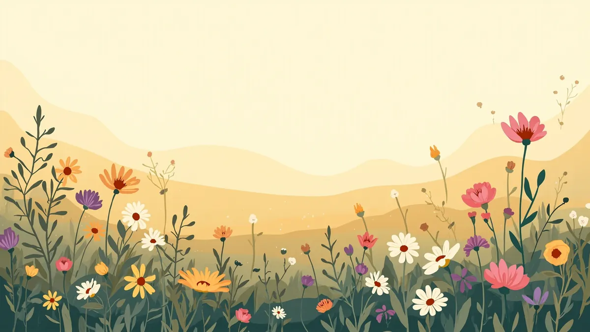 Illustration of a meadow of wildflowers in warm low sunlight