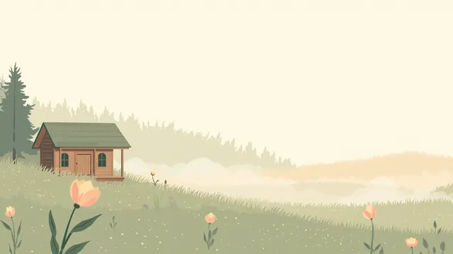 A cottage garden at dawn with a pale flower opening in the misty grass