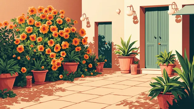 A bright terrace crowded with clay pots being overtaken by a large, vivid flower