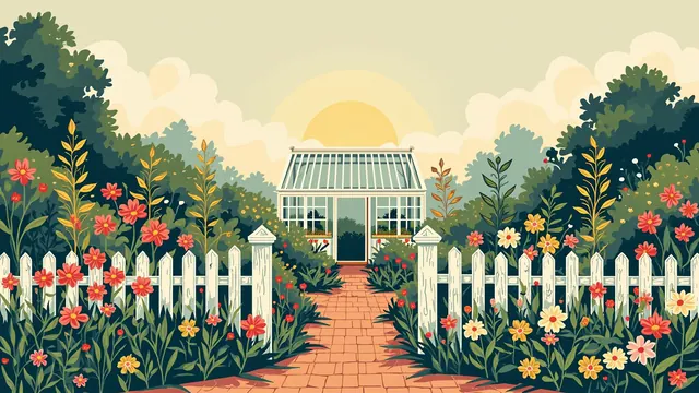 Illustration of an overgrown cottage garden with old-fashioned blooms along a brick path to a greenhouse