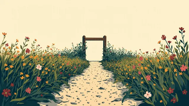 Wild, untended flowers push through the edges of a gravel country track beside a sagging farm gate.