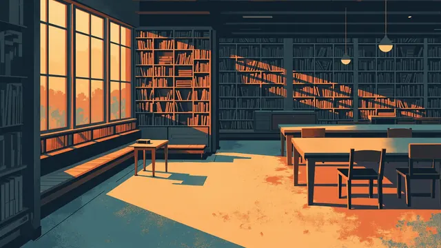 Empty library reading room at dusk with soft lamplight on long tables and tall bookshelves