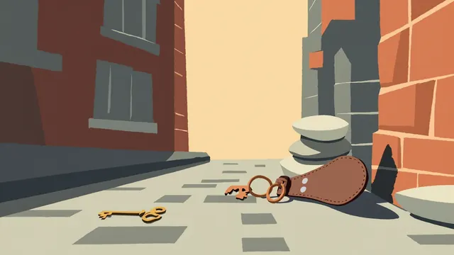 A tight cobblestone alley with a brass key and leather keyring resting on river stones between weathered brick walls