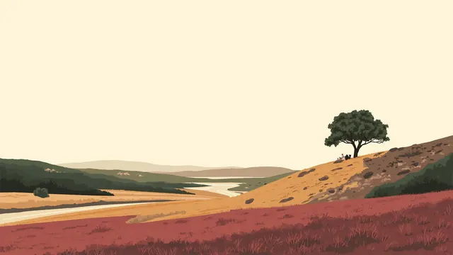 Open heather hillside with a single old oak, a stone wall and a stream sliding into a valley
