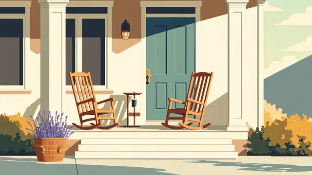 Sunlit front porch with two rocking chairs, a turning wind chime and a basket of dried lavender