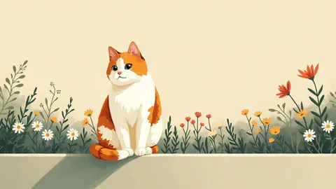 Illustration of a calico cat sitting on a garden wall among daisies in afternoon light