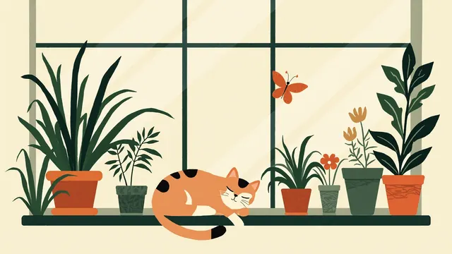 A small cat naps in a sunlit windowsill herb garden while a moth flutters above her face
