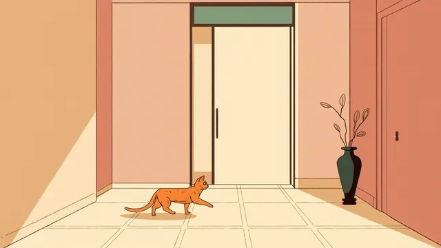 An elegant cat walks through a long, polished hallway as if she owns the building