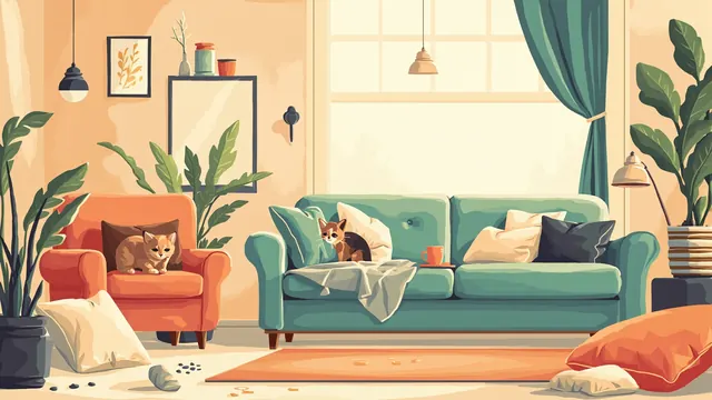 A kitten climbs a half-shredded curtain above a living room scattered with fallen cushions