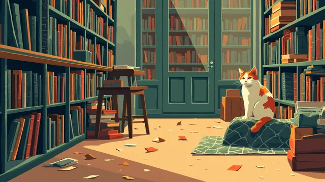 A calico cat rests on a folded quilt in a used bookstore aisle between stacked paperbacks