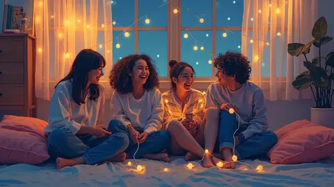 Illustration of four friends sitting on a bedroom floor under string lights, laughing together
