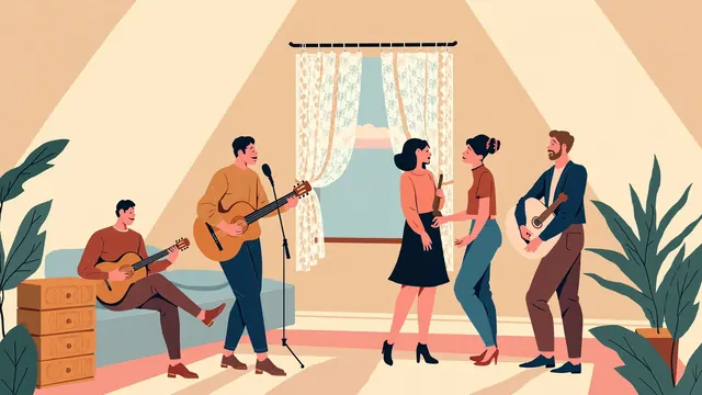 Four young singers gather around a microphone in a soft pastel attic, harmonizing by an open window.