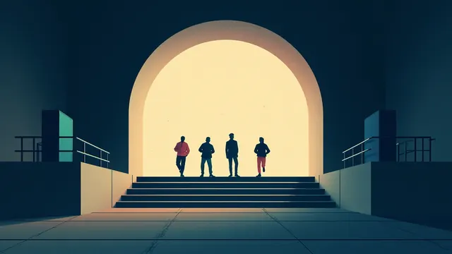 Four silhouettes marching through a stadium tunnel onto a floodlit stage under pulsing bass speakers