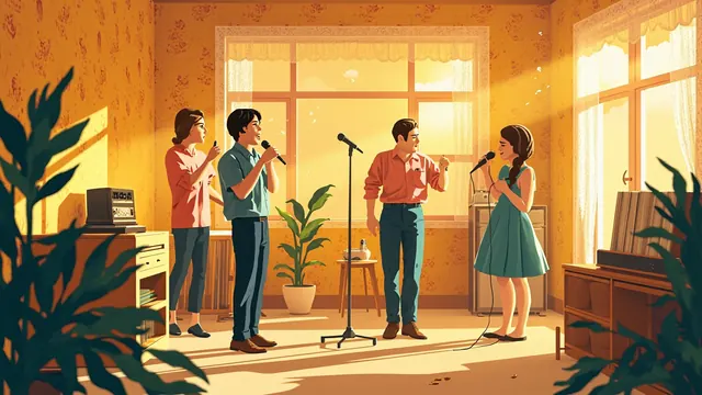 Four women sing around a vintage microphone in a retro record shop back room with yellow wallpaper and lace curtains