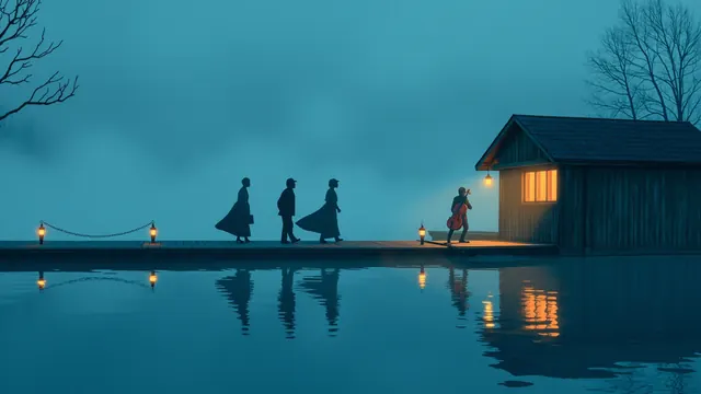 Four silhouettes sway softly on a foggy lakeside dock at blue hour, lantern reflections rippling below a weathered boathouse.