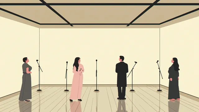 Four performers aligned in a mirrored rehearsal studio facing a row of standing microphones under overhead lights