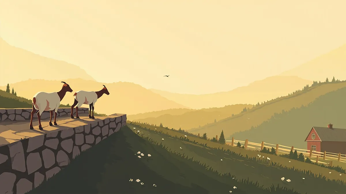 Illustration of two goats standing on a low stone wall in a hillside pasture at golden hour