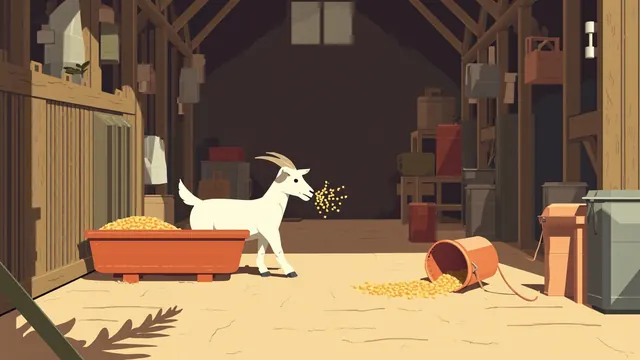 Goat bleating loudly over a spilled grain bucket in a messy barn aisle