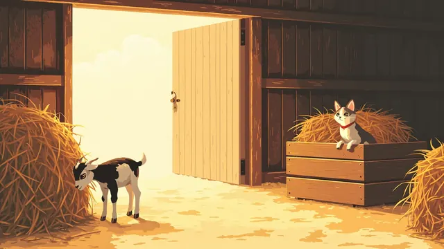 Kid goat nuzzling a hay bale in a sunlit barn corner as a calico cat watches